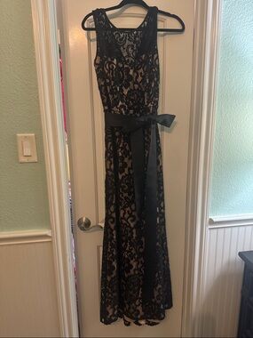 Black Lace Overlay Evening Gown with ribbon Waist Tie